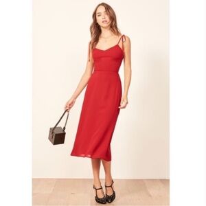 Reformation Nectar Dress Lipstick Red Chiffon Midi Tie Spaghetti Straps Size 8